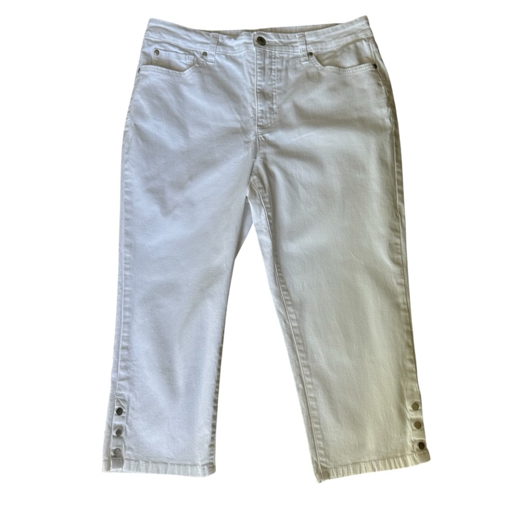 Kim Rogers White Stretch Denim Side Button Capri Pants Size 12 Women’s